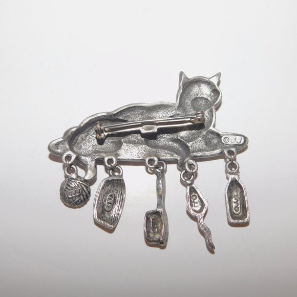 VTG JJ Jonette Jewelry Pewter Cat Brooch Pin Dangling Mouse Milk Yarn Brush bowl - Picture 2 of 4